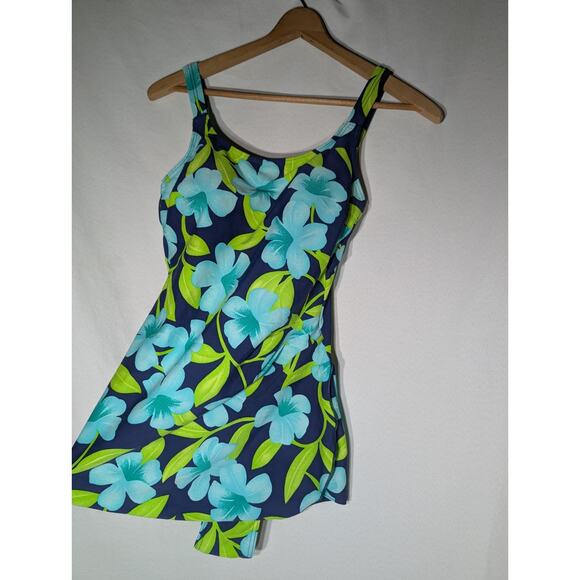 Christina Vtg Womens Blue Floral Swimsuit 14 Full Coverage Built In Cups Modest - Picture 3 of 8